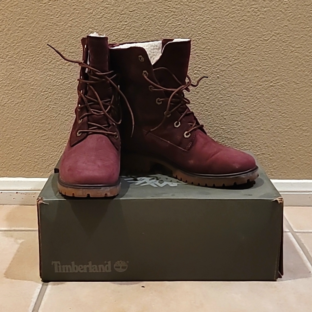 Timberland womens 7.5 Jayne fleece fold down burgundy nubuck boots booties